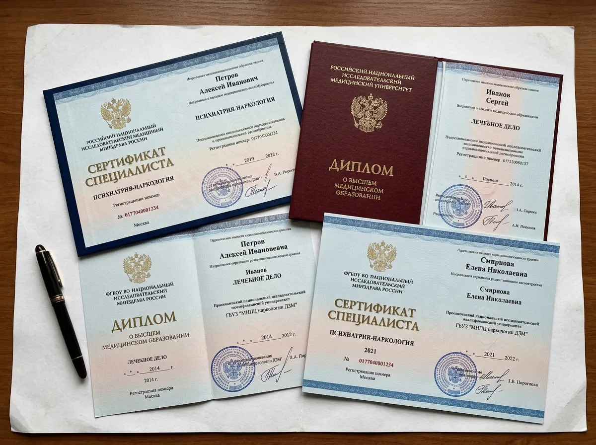 Сертификаты специалиста врачей-наркологов, дипломы медицинского образования, несколько документов на белом фоне со штампами медицинских учреждений